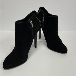 BCBGeneration black suede platform stiletto ankle booties with laceup detail